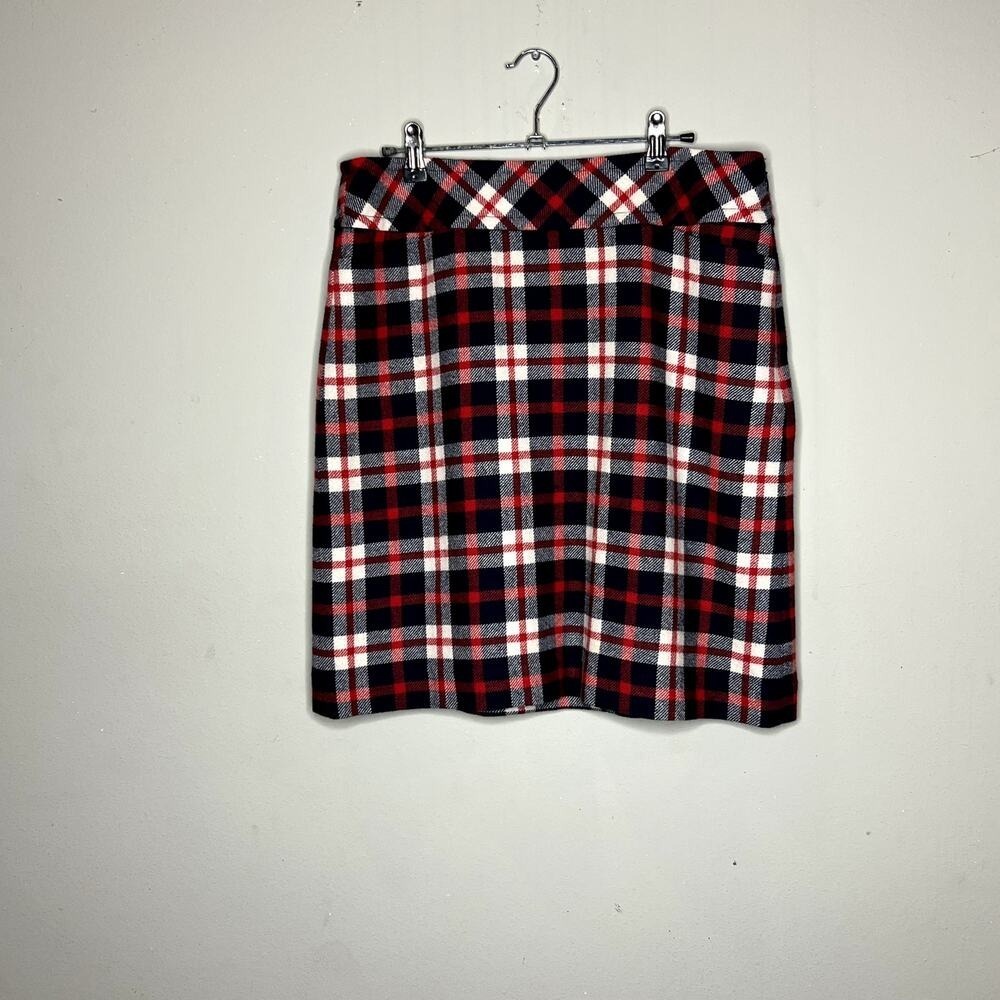 Talbots Plaid Pencil Skirt Womens 10 Navy Blue Red Wool Blend Lined‎ Pockets